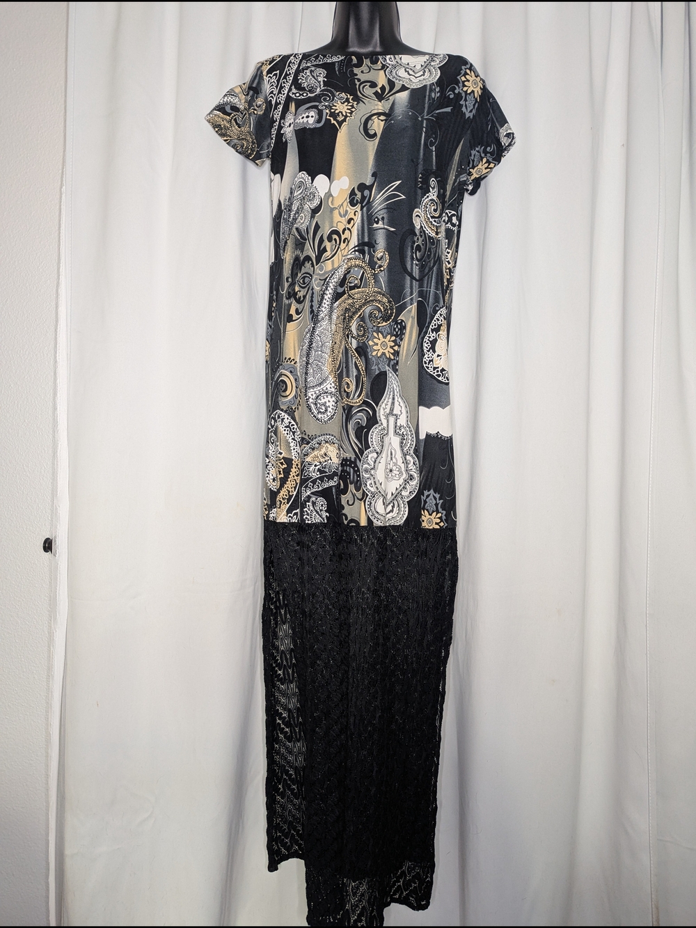 Black & Taupe Paisley Maxi Dress with Lace Skirt